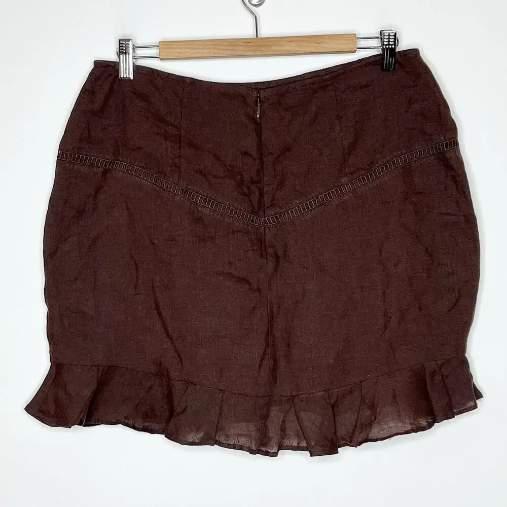Linen Ruffled Mini Skirt Brown Womens L Tularosa Fairy Grunge Boho Romantic